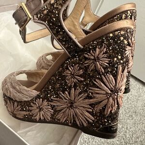 Jimmy Choo Raffia Embroidered Glitter Wedge - Light Mocha Perla 120 size 38